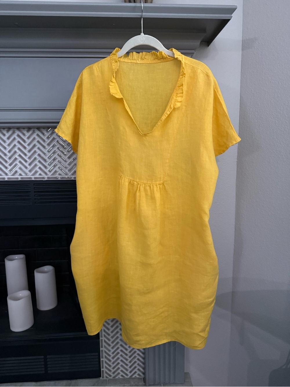 Sunny Yellow Ruffle-Trim V-Neck Linen Dress with Pockets